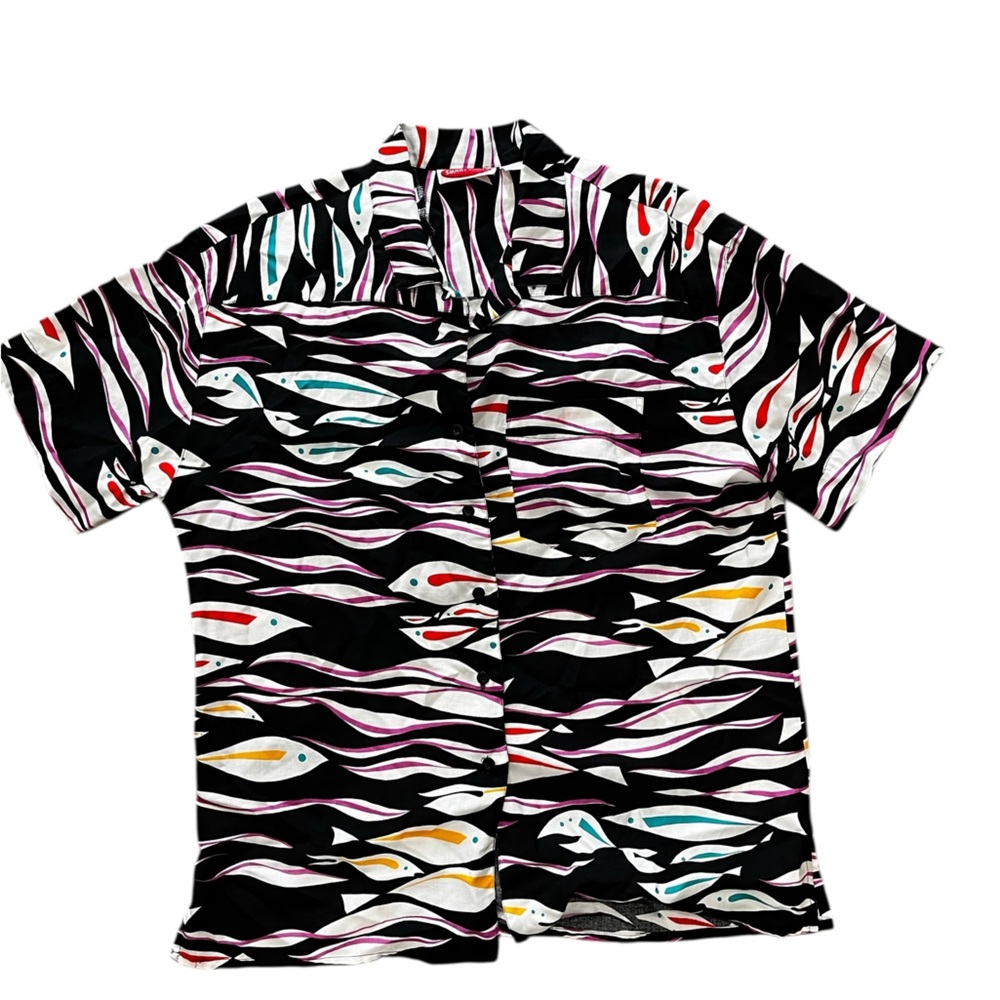 Abstract novelty print fish pattern boxy women’s rayon vintage 80’s top blouse-L